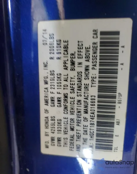 2014 Honda Accord Ex из США, поврежденный, VIN 1HGCT1B74EA016693